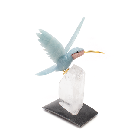 View of Blue Calcite Hummingbird Carving Perched on Quartz Crystal Point Vertical