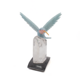 Blue Calcite Hummingbird Carving Perched on Quartz Crystal Point Vertical