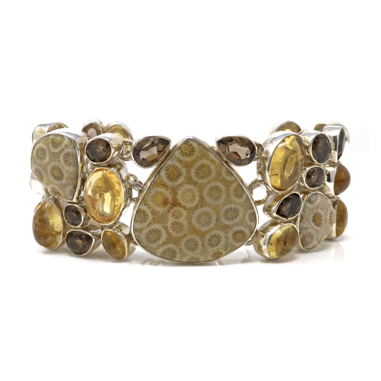 Fossilized Coral Bracelet - Pear with Citrine Cabs & Smoky Quartz with Toggle Clasp