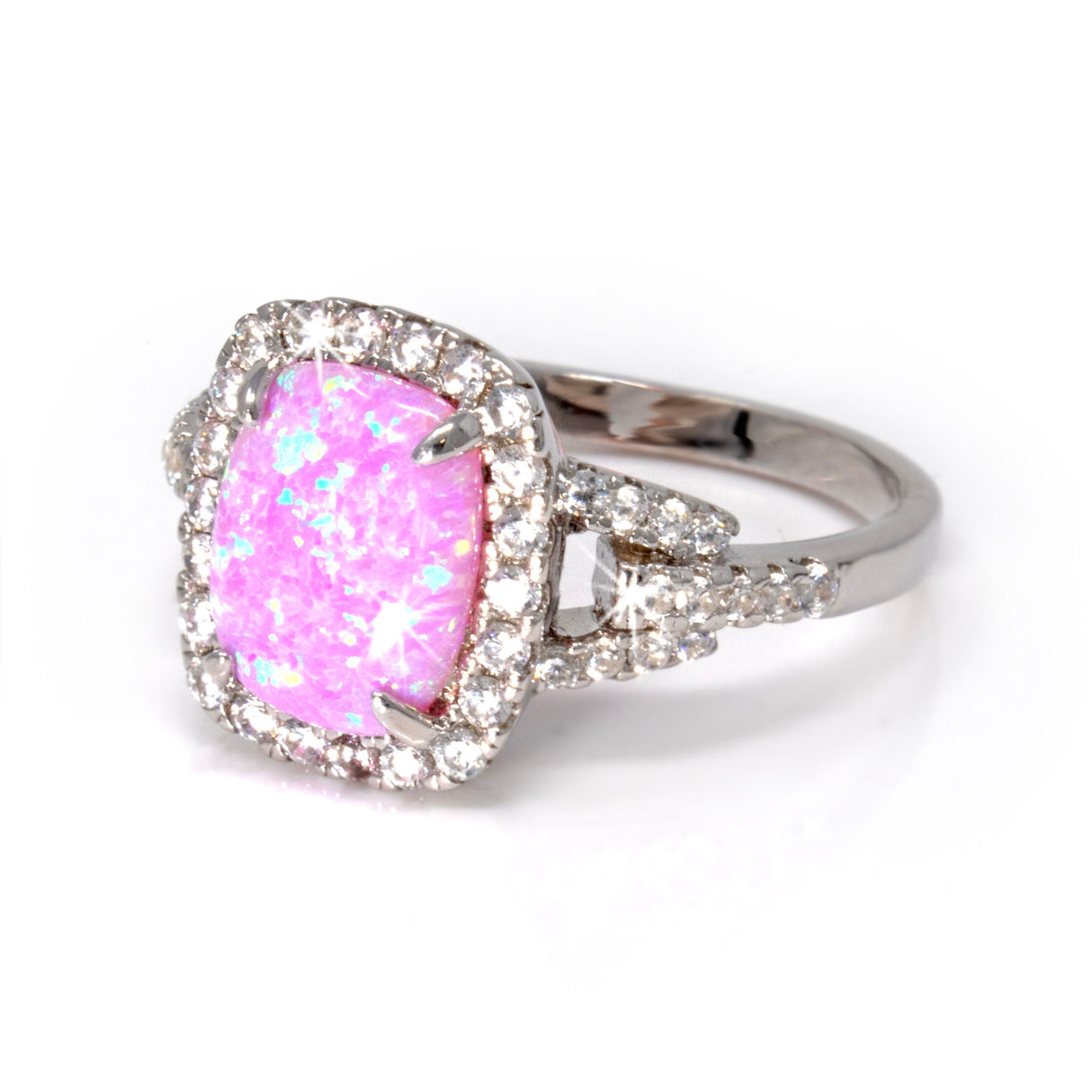 Bague en opale rose taille 6 - Cabochon carré arrondi avec zircons blancs sertis clos - Sertis à griffes