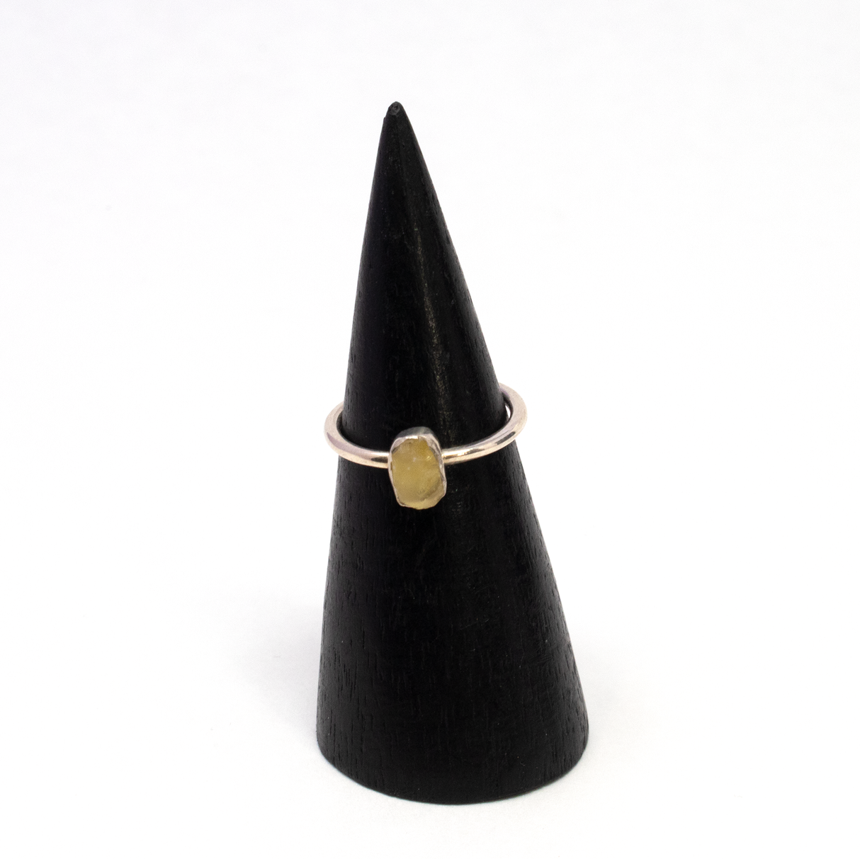 View of Egyptian Tektite Ring from Sahara Desert of Libya - Rough Dainty Freeform with Simple 925 Sterling Silver Bezel on Vert Band sz4