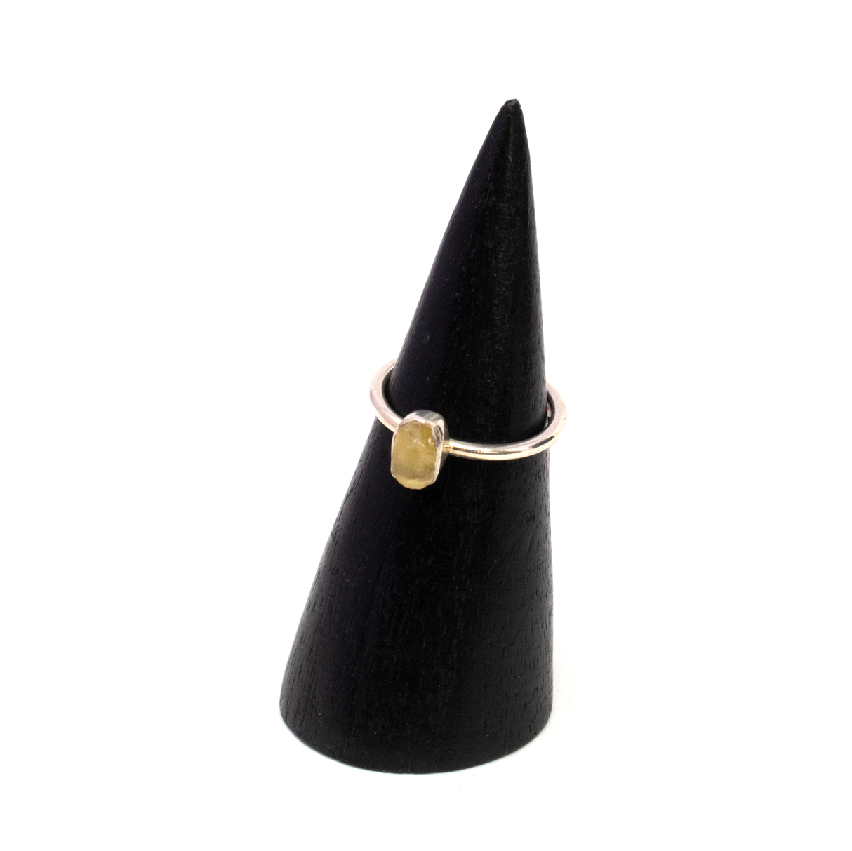 View of Egyptian Tektite Ring from Sahara Desert of Libya - Rough Dainty Freeform with Simple 925 Sterling Silver Bezel on Vert Band sz5