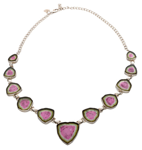 View of Watermelon Tourmaline Necklace - 11 Flat Cut Freeforms Cascading From Smallest To Largest with 925 Sterling Silver Bezels