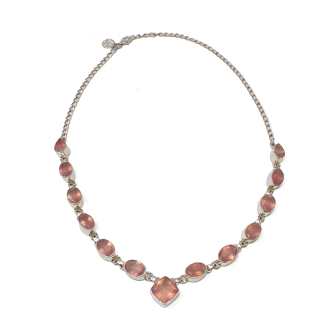 View of Rose Quartz Necklace - 10 Faceted Ovals with 2 Faceted Pears & 1 Faceted Diamond Set Square Centerpiece - Tall 925 Sterling Silver Bezels