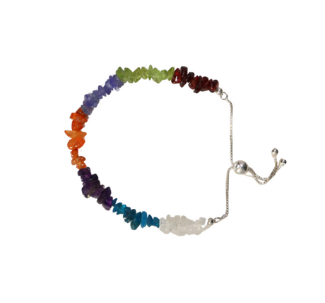 View of 7 Chakra Beaded Bracelet - Chip Beads of Garnet Peridot Tanzanite Carnelian Amethyst Blue Apatite Quartz