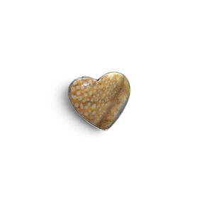 Fawn jasper heart cabochon in golden ochre with white orbicular spots bezel set in sterling silver