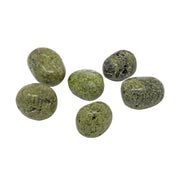Six tumbled epidote stones in mottled olive and pistachio green with dark inclusions, polished, on a white backdrop