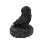 Shungite owl figurine perched on a rough shungite stone base, glossy black with carved feathers, front view