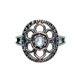Moonstone Flower Ring Size 9 - Round Cabochon with Silver Flower Petals & Stamped Silver Circle Set on Open Silver Bezel