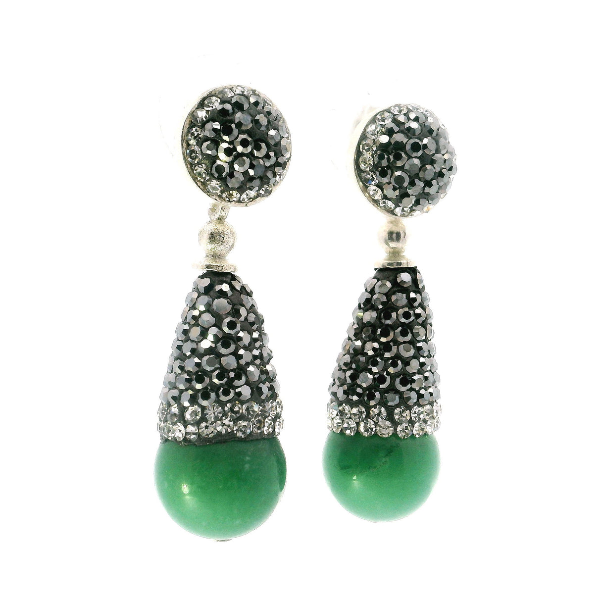Aventurine Dangle Earrings - Aventurine Sphere Below Reverse Cone of Marcasite & Silver Swarovski Crystals with 925 Sterling Silver