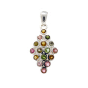Multi tourmaline pendant with faceted round pink, green and yellow stones in silver bezels set in a diamond shape