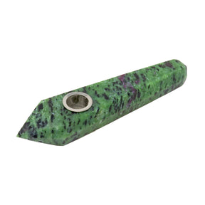 Hand carved ruby zoisite crystal pipe, green stone flecked with black and pink ruby