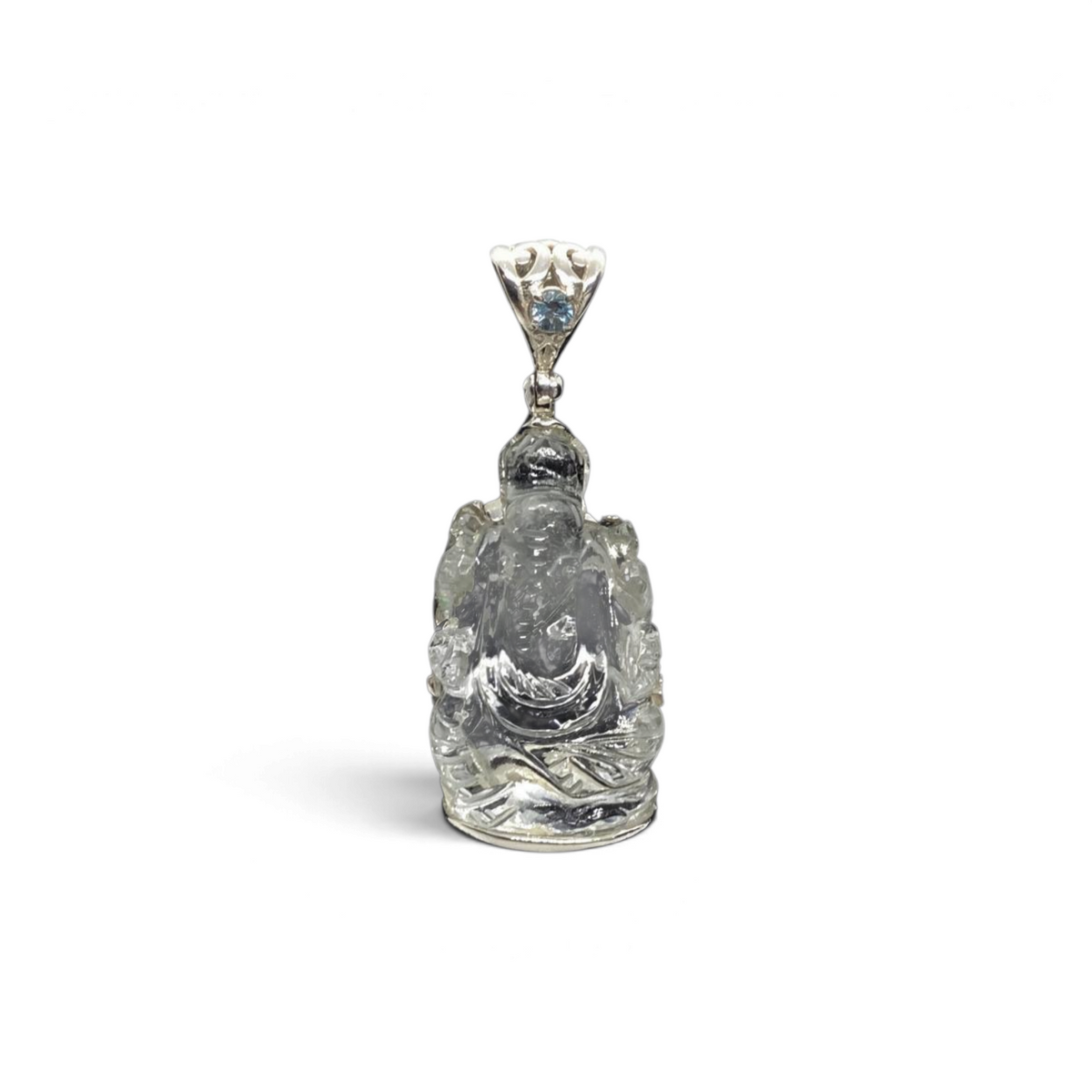 Rare Earth Gallery Ganesha quartz pendant with a faceted blue topaz, silver bezel, and ornate silver bail.