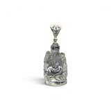Rare Earth Gallery Ganesha quartz pendant with a faceted blue topaz, silver bezel, and ornate silver bail.