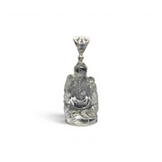 Rare Earth Gallery Ganesha quartz pendant with a faceted blue topaz, silver bezel, and ornate silver bail.