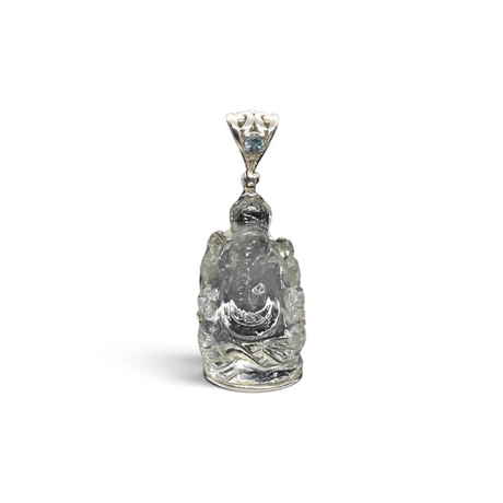 Rare Earth Gallery Ganesha quartz pendant with a faceted blue topaz, silver bezel, and ornate silver bail.