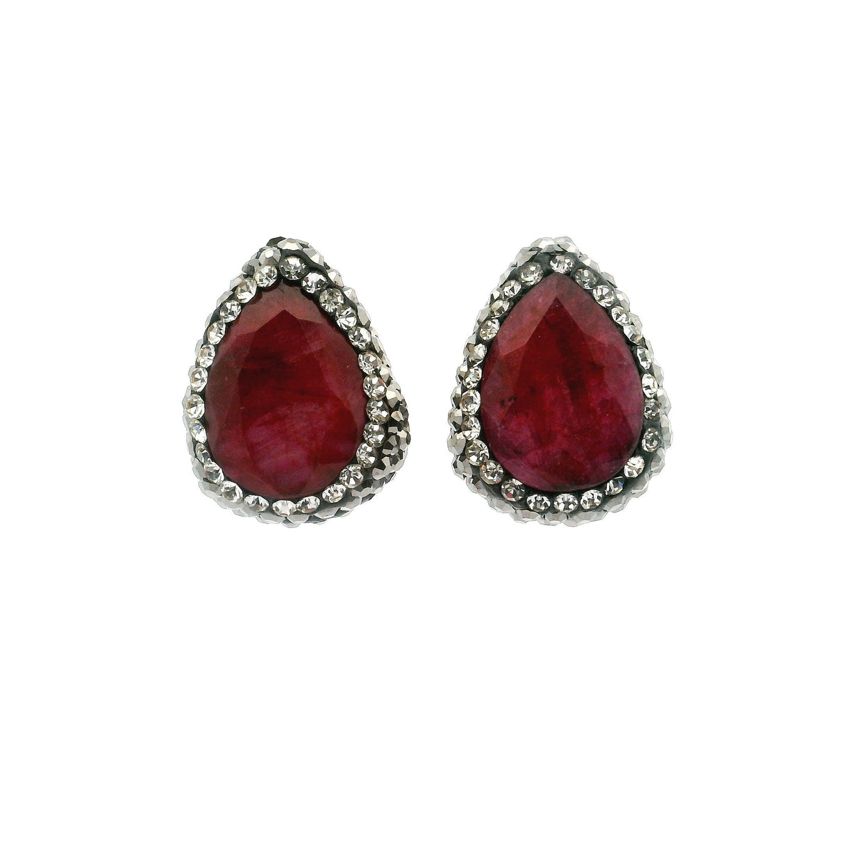 Ruby Stud Earrings - Faceted Pear Surrounded by Marcasite & Silver Swarovski Crystals in 925 Sterling Silver