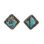 Persian turquoise diamond-set square stud earrings edged with marcasite pave