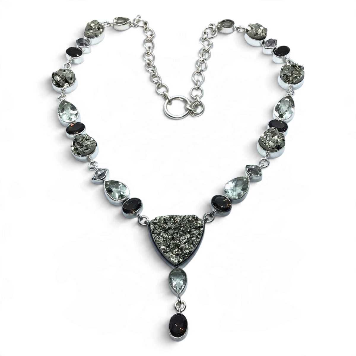 Rare Earth Gallery necklace featuring pyrite, faceted prasiolite, smoky quartz, and Herkimer diamonds in sterling silver