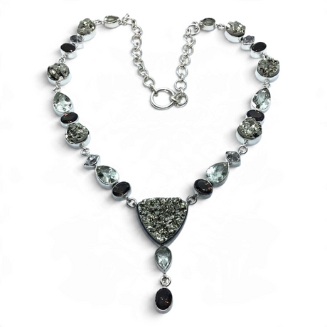 Rare Earth Gallery necklace featuring pyrite, faceted prasiolite, smoky quartz, and Herkimer diamonds in sterling silver