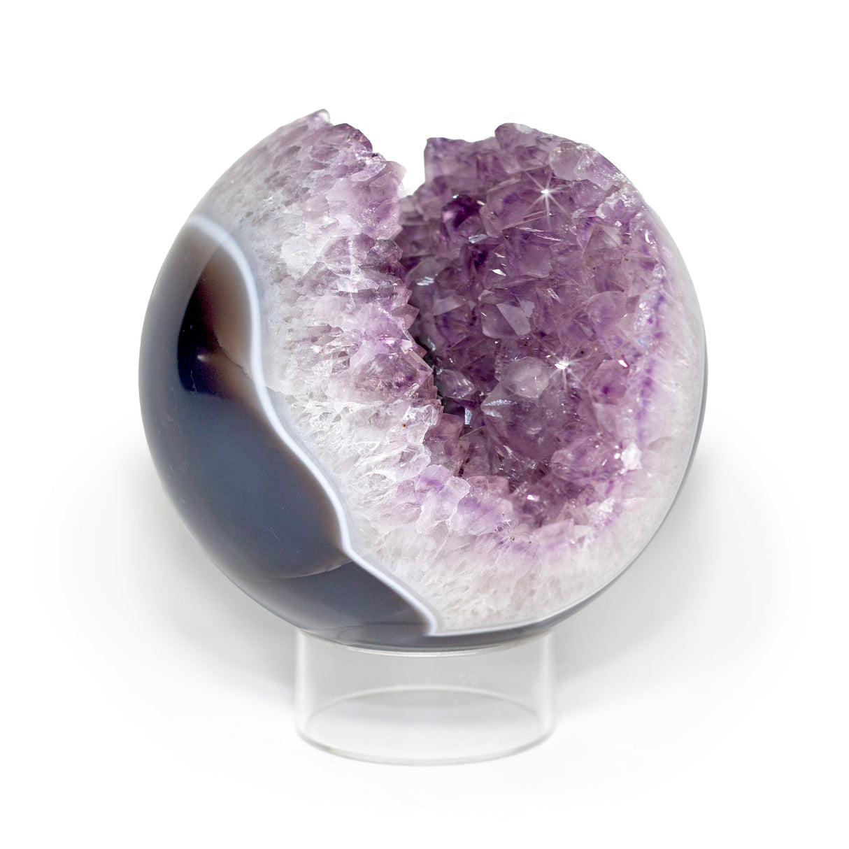 Amethyst Geode Sphere with Crystal Crevase & Deep Blue Agate & Light Blue Band on Lucite Ring Stand