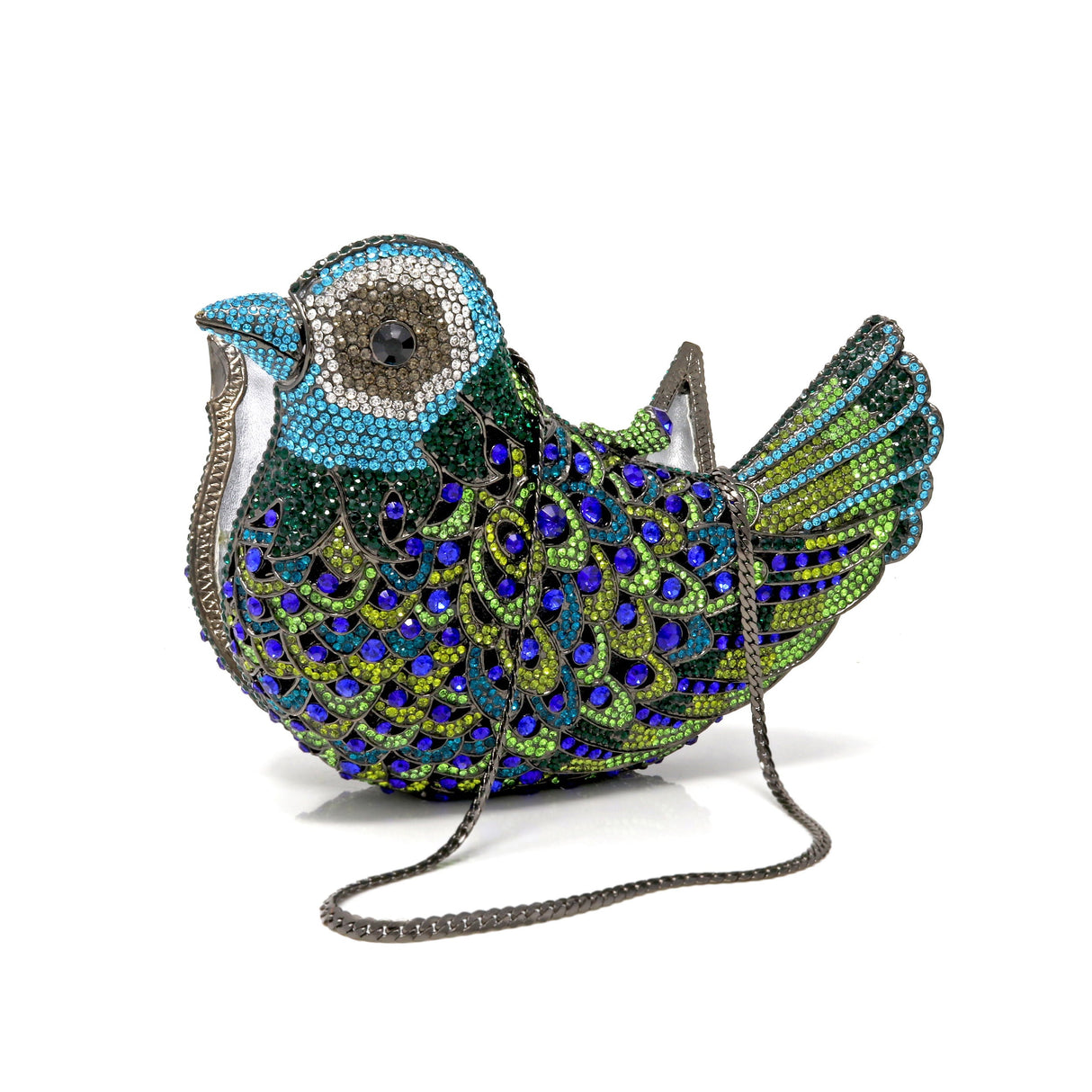 Peacock Colors Bird Crystal Purse with Chain - Black Eyes Oxidized Tone