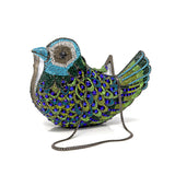 Peacock Colors Bird Crystal Purse with Chain - Black Eyes Oxidized Tone
