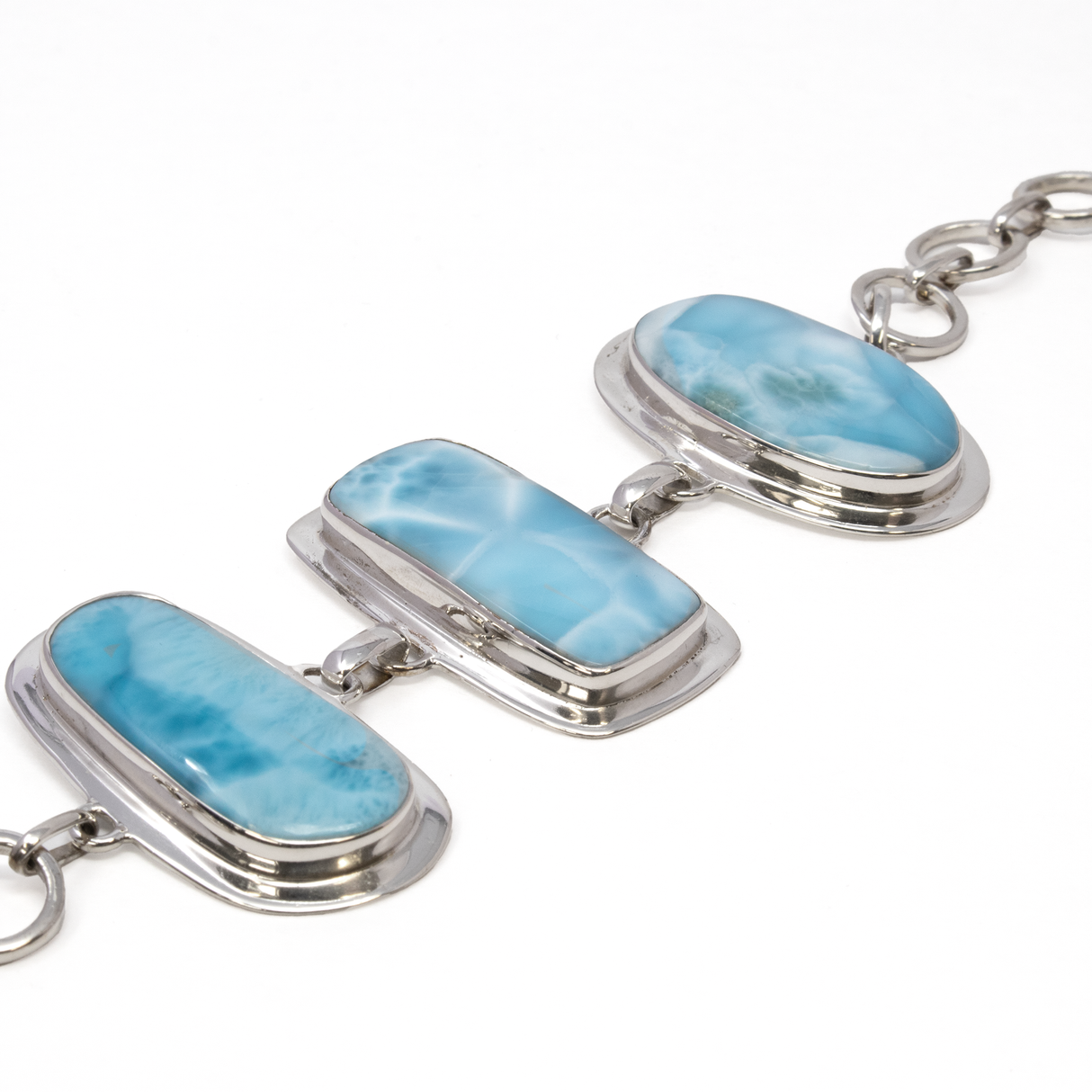 View of Larimar Link Bracelet - Oval Cabochon with Rectangle & Freeform Cabochons with 925 Sterling Silver Bezel Edge & Toggle Clasp 1\"+