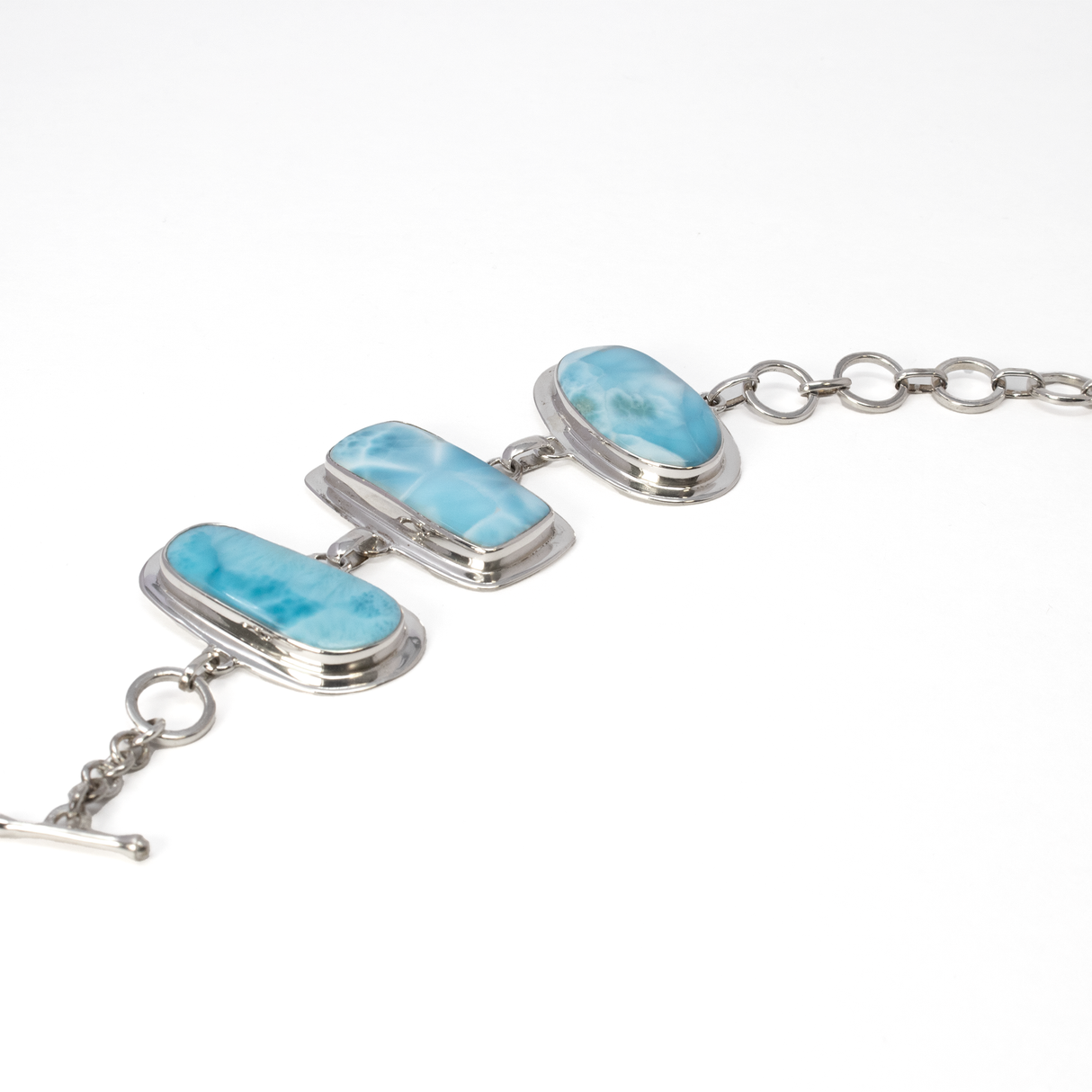 Larimar Link Bracelet - Oval Cabochon with Rectangle & Freeform Cabochons with 925 Sterling Silver Bezel Edge & Toggle Clasp 1"+
