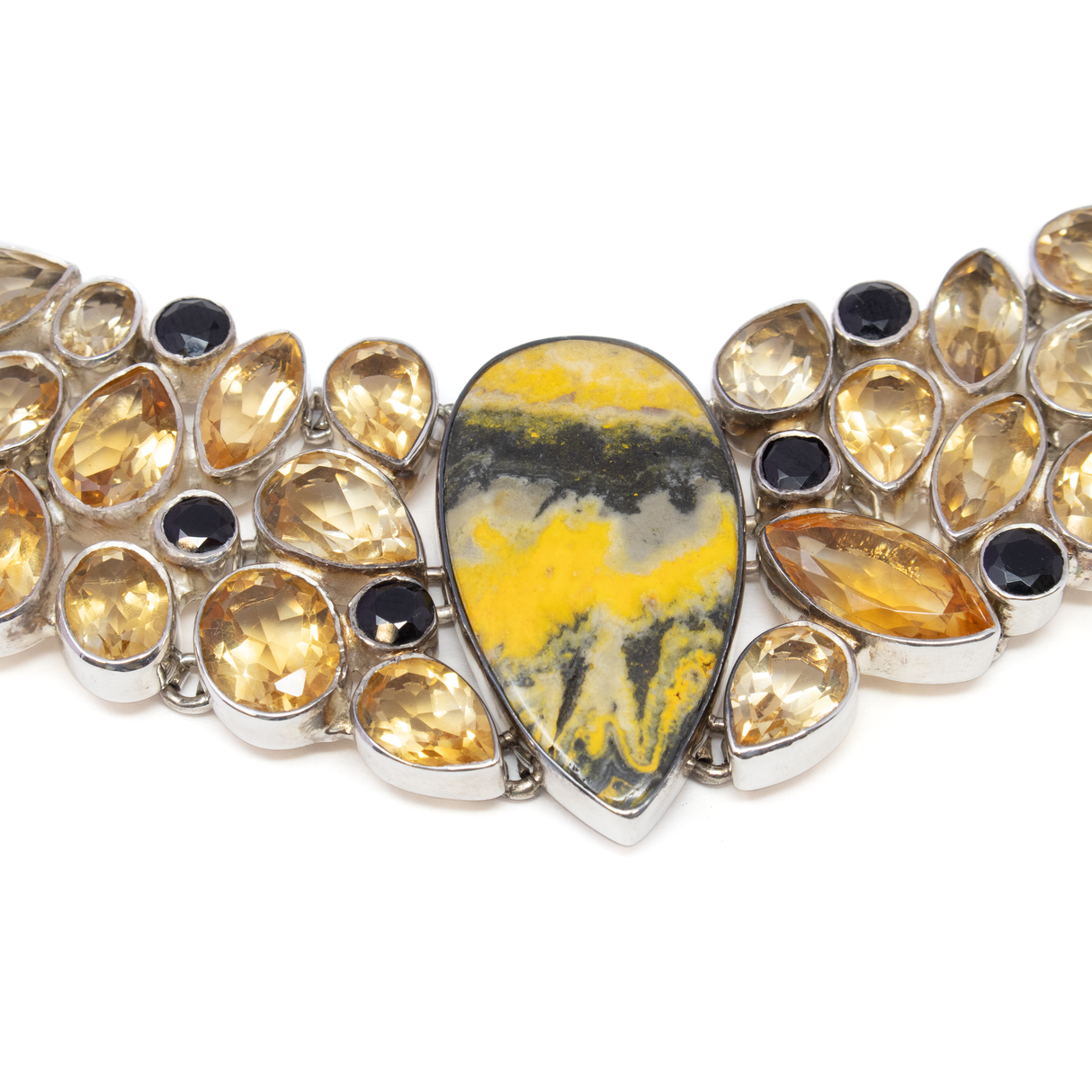 Bumblebee Jasper Necklace - 2 Oval Cabochons with Pear Cabochon Centerpiece Set in Matrix of Faceted Citrine Geometrics & Faceted Black Spinel Rounds - 925 Sterling Silver Bezels & Toggle Clasp