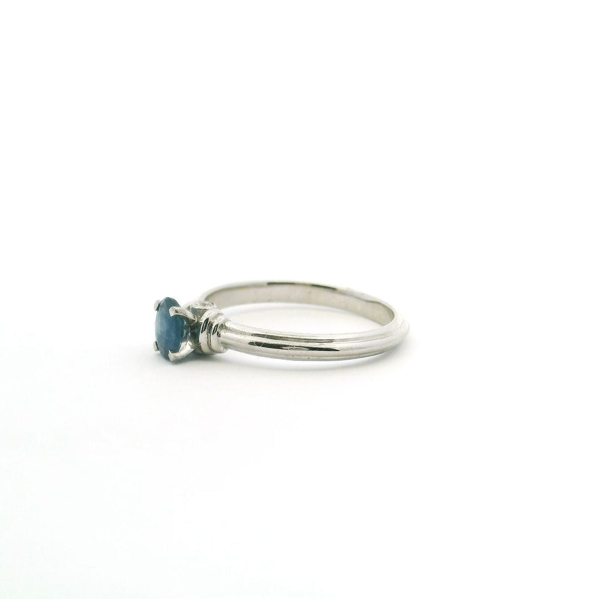 Faceted Blue Sapphire Ring - Oval Prong Set on 925 Sterling Silver Bezel Set with 2 White CZ Crystals on Tapered Band sz6