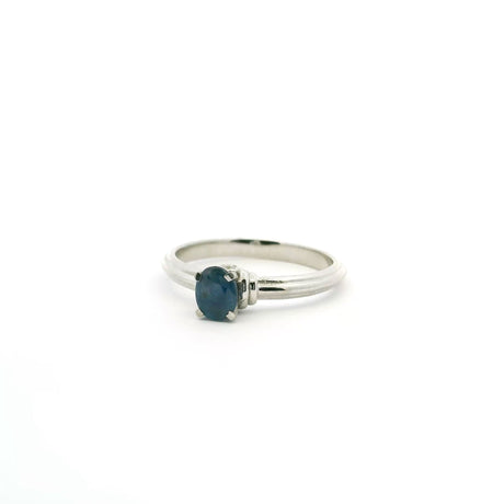 View of Faceted Blue Sapphire Ring - Oval Prong Set on 925 Sterling Silver Bezel Set with 2 White CZ Crystals on Tapered Band sz6