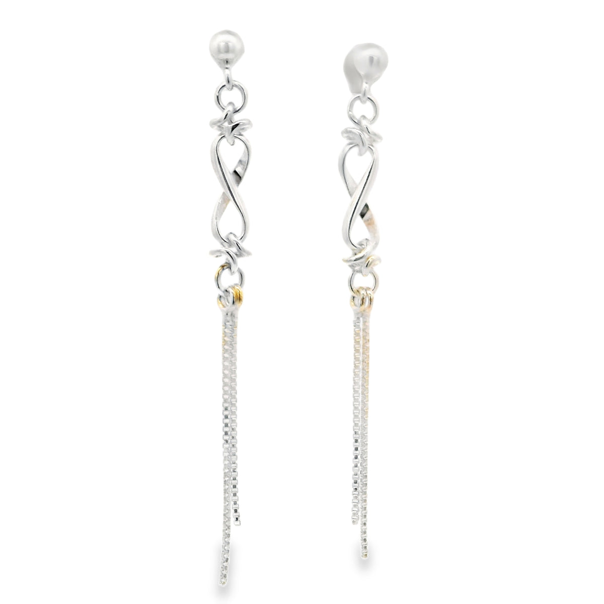 Sterling silver earrings with twisted helix design and dangling chain tassels