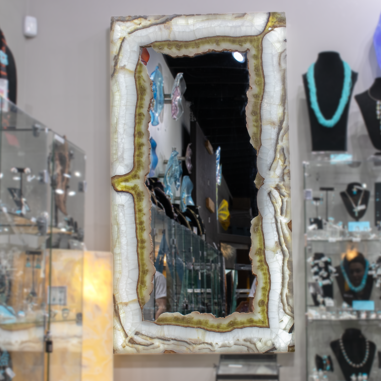 View of Olive & Ice White Onyx Rectangle Mirror