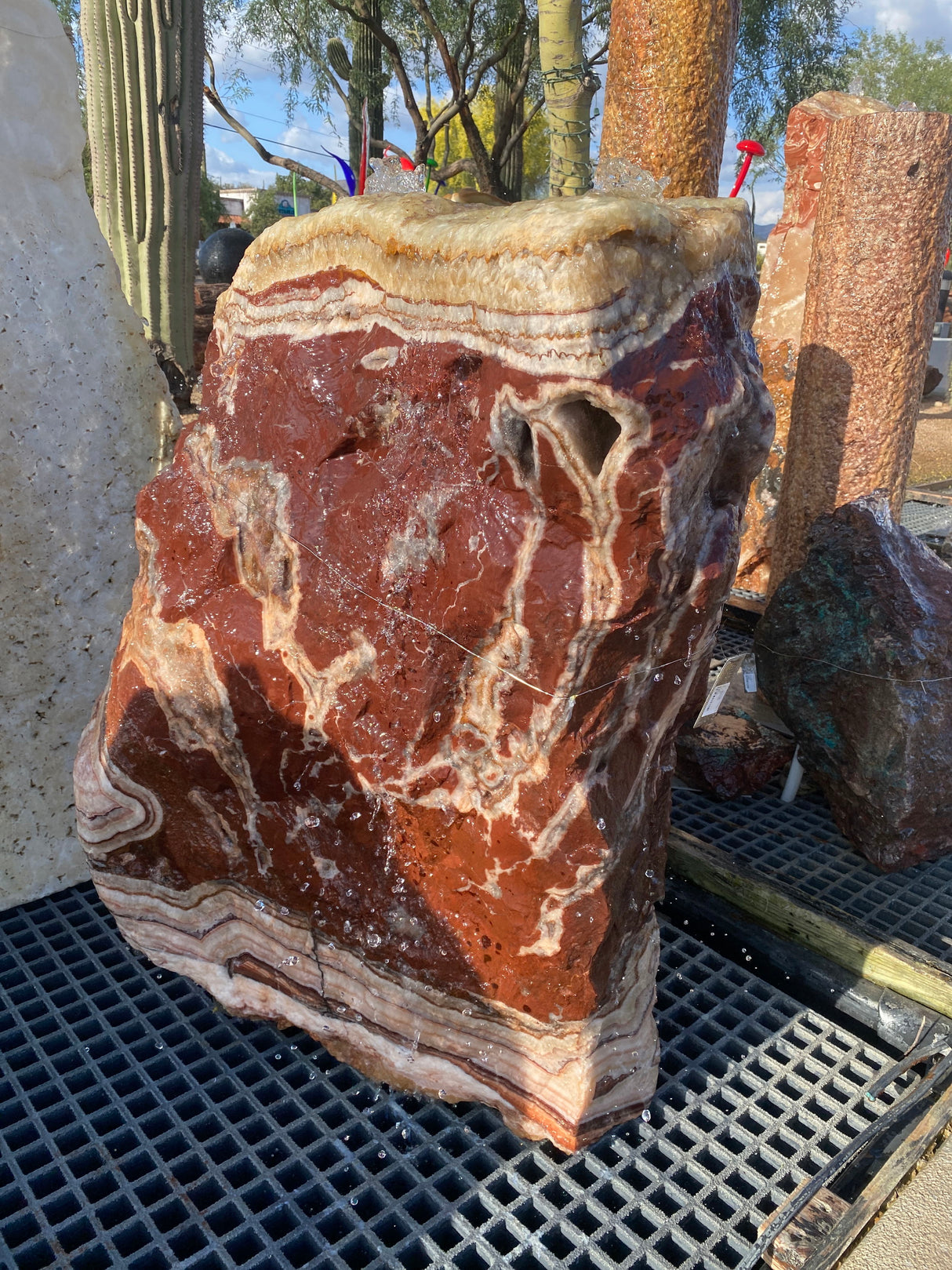 View of Serpentine Onyx Fountain - Aqua Calcite Top With 2 Holes