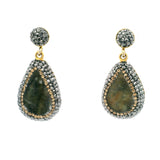 Natural Green Druze Dangle Earrings - Druze Pear with Marcasite & Gold Swarovski Crystals with Gold Vermeil over 925 Sterling Silver