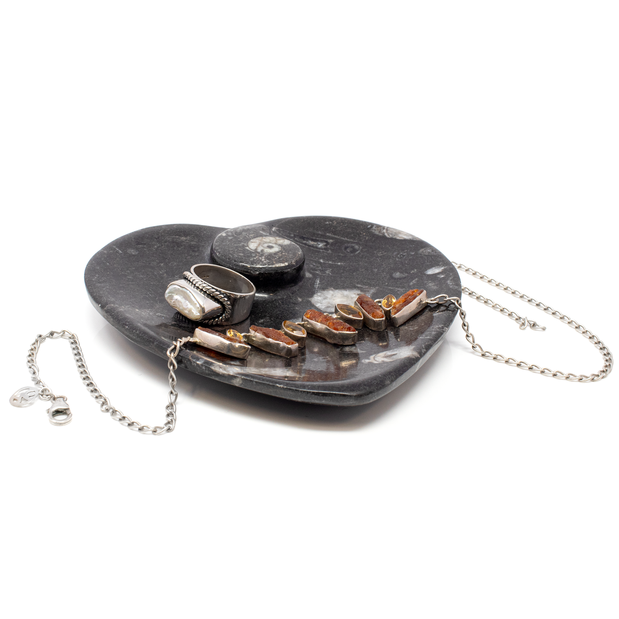 Orthoceras and Ammonite SeaBed Fossil Small Heart Dish