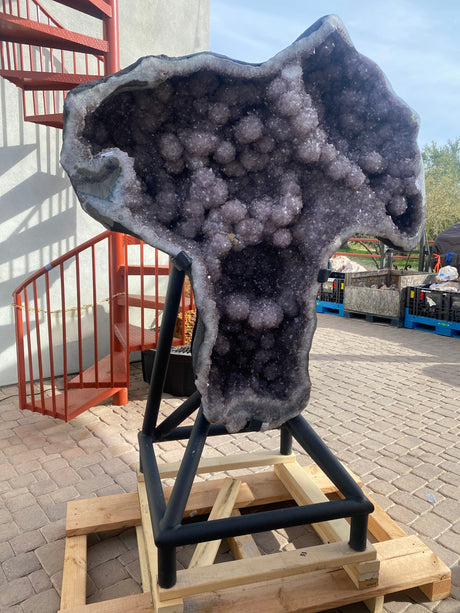 View of Amethyst Geode with Stalactite & Calcite Crystal Inclusions on Fitted Pipe Stand