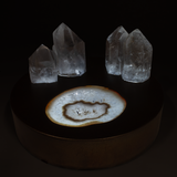 Crystal Power Luminary - Illuminated Agate Slice on Bronze Patina Steel Round Light Box with 4 Lodolite Quartz Points