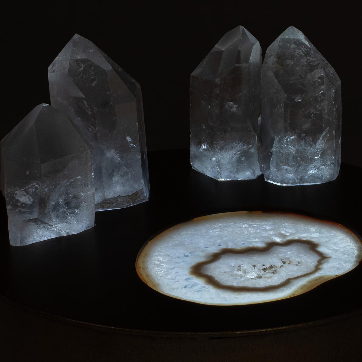 Crystal Power Luminary - Illuminated Agate Slice on Bronze Patina Steel Round Light Box with 4 Lodolite Quartz Points