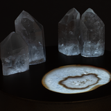 Crystal Power Luminary - Illuminated Agate Slice on Bronze Patina Steel Round Light Box with 4 Lodolite Quartz Points