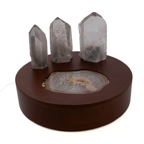 View of Crystal Power Luminary - Illuminated Agate Slice on Copper Patina Steel Round Light Box with 3 Lodolite Quartz Points