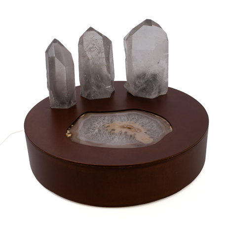 View of Crystal Power Luminary - Illuminated Agate Slice on Copper Patina Steel Round Light Box with 3 Lodolite Quartz Points