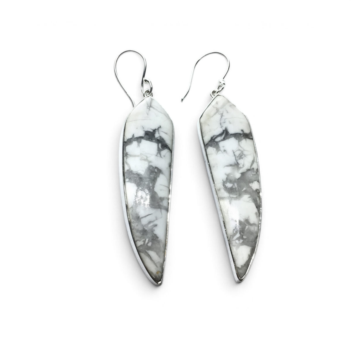 Rare Earth Gallery howlite dangle earrings featuring freeform white and grey cabochons in 925 sterling silver bezels.