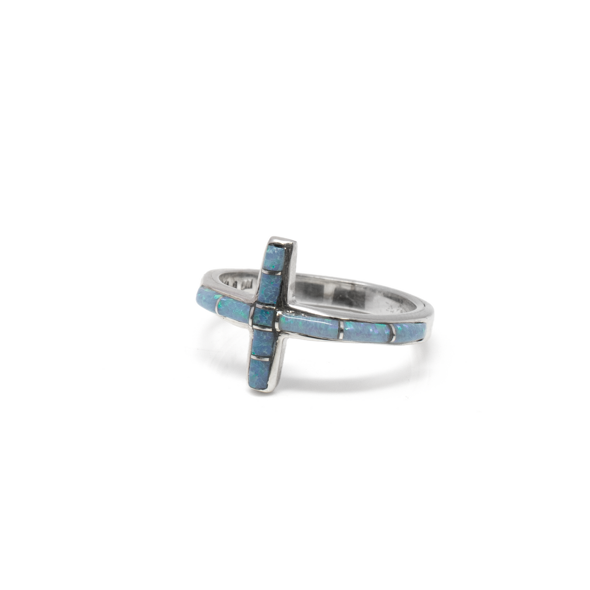 View of Light Blue Opal Inlay Cross Ring - Wrapping Cross On Band With Silver Channeling Sz7