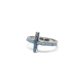 View of Light Blue Opal Inlay Cross Ring - Wrapping Cross On Band With Silver Channeling Sz7