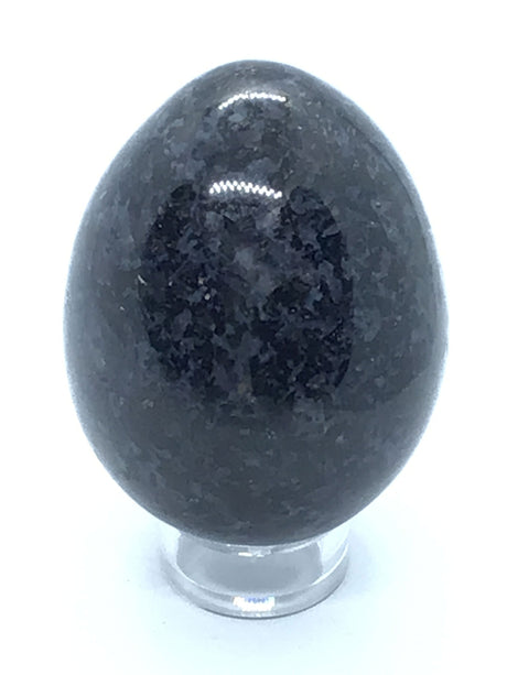 View of Indigo Gabbro Egg aka Merlinite on Lucite Stand