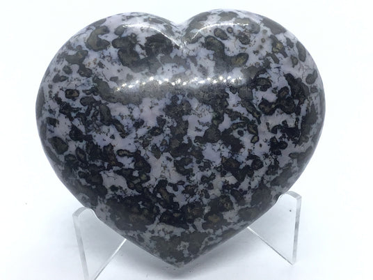 View of Indigo Gabbro Heart aka Merlinite on Lucite Stand