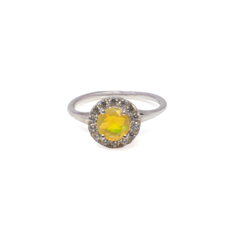 View of Ethiopian Opal Ring - Faceted Round Prong Set on 925 Sterling Silver with White CZ Pave Edge & Dainty Cross Over Band sz8