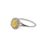 Ethiopian Opal Ring - Faceted Round Prong Set on 925 Sterling Silver with White CZ Pave Edge & Dainty Cross Over Band sz8